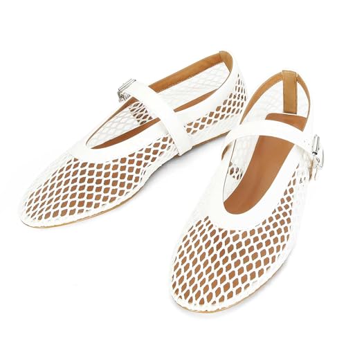 MICIFA Women's Mesh Ballet Flats Fishnet Ballerina Flats Buckle Strap Mary Jane Shoes Causal Daily Dress Shoes B-White - Image 5