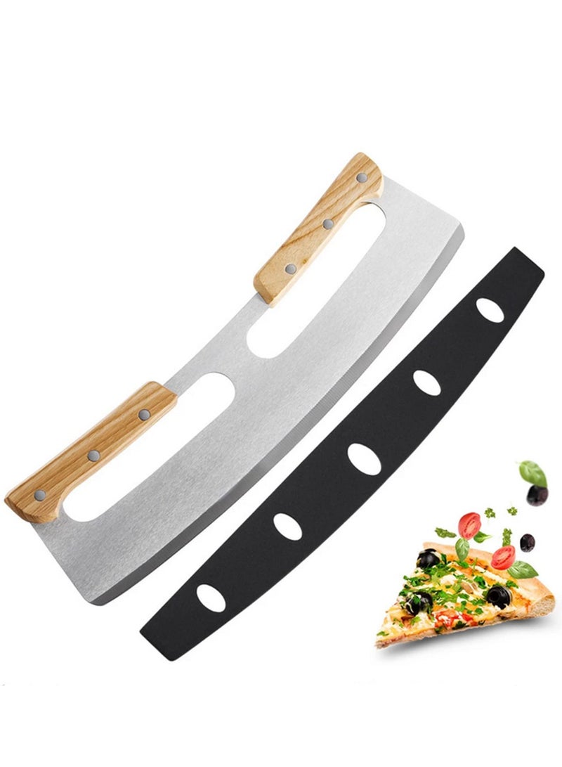 Upgraded 14 Inch Pizza Cutter Rocker Stainless Steel Blade With Double Wooden Handle Sharp Pizza Slicer K-nife Chopper Includes Protective Blade Cover for Safe Storage - Image 1