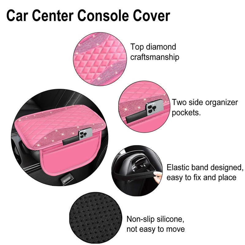 NBTEPEM Bling Pink Car Center Console Cover, Leather Middle Console Cover with 2 Storage Bags, Universal Arm Rest Cover Protector, Bling Car Accessories Interior Fit for Most Vehicles, Pink Leather - Image 3