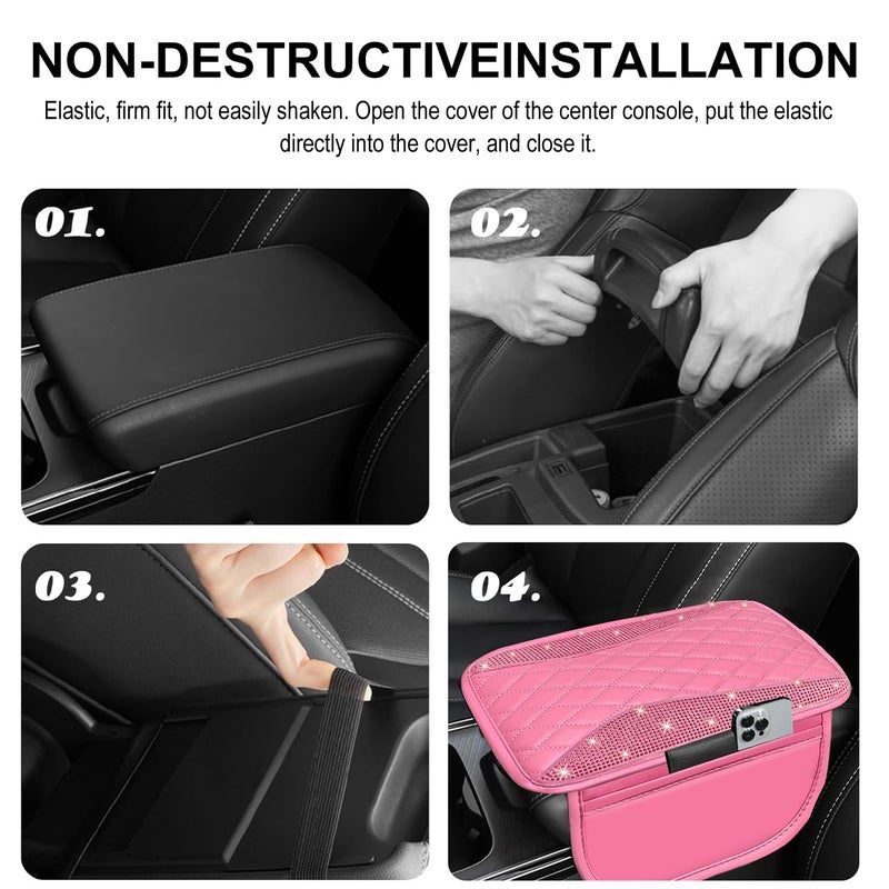 NBTEPEM Bling Pink Car Center Console Cover, Leather Middle Console Cover with 2 Storage Bags, Universal Arm Rest Cover Protector, Bling Car Accessories Interior Fit for Most Vehicles, Pink Leather - Image 5