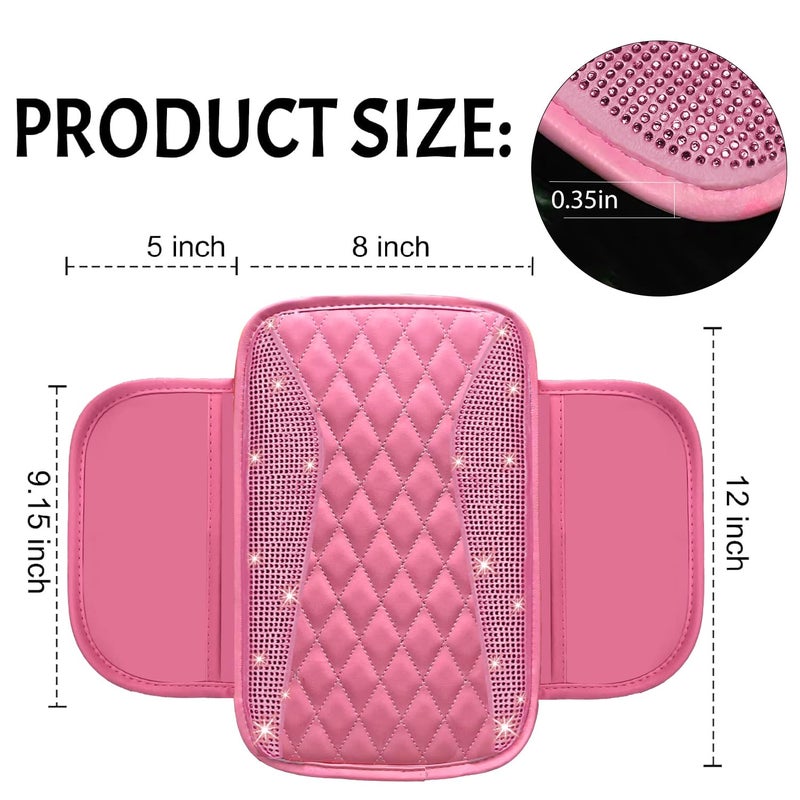 NBTEPEM Bling Pink Car Center Console Cover, Leather Middle Console Cover with 2 Storage Bags, Universal Arm Rest Cover Protector, Bling Car Accessories Interior Fit for Most Vehicles, Pink Leather - Image 2