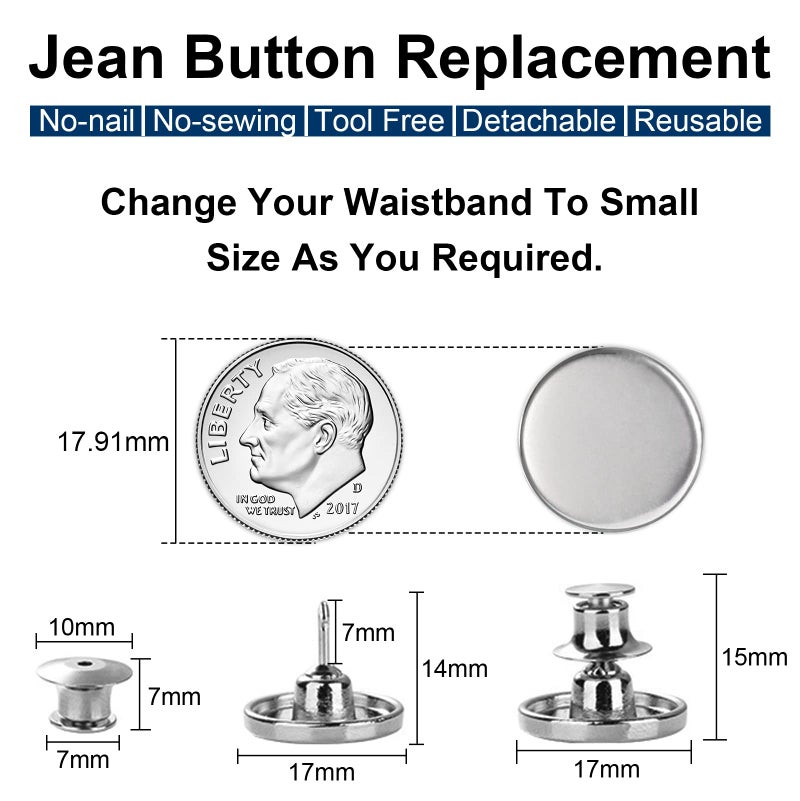 TOOVREN 8 Sets Jean Buttons for Loose Jeans, No Sew No Tool Instant Replacement Button Pins Adjustable Pant Waist Tightener to Make Smaller, Reusable Extra Pants Clips to Tighten Waist, Silver - Image 3