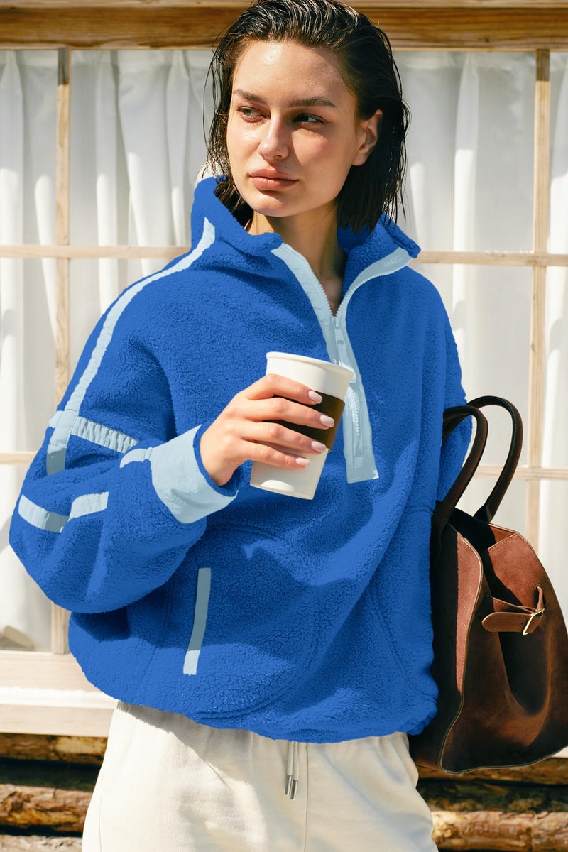 Panadila Womens Half Zip Sherpa Fleece Pullover Soft Oversized Sweatshirt with Pockets Warm Fuzzy Sweater (Bright Blue,XL) - Image 4