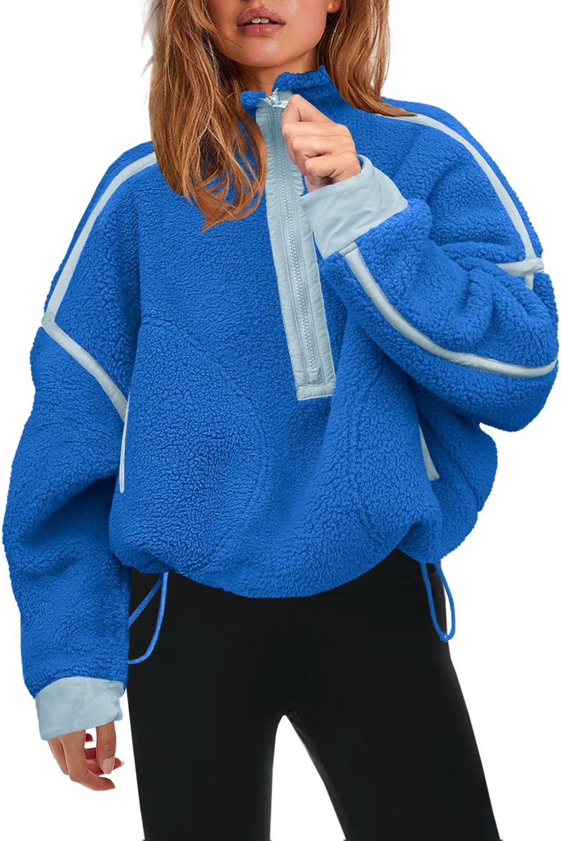 Panadila Womens Half Zip Sherpa Fleece Pullover Soft Oversized Sweatshirt with Pockets Warm Fuzzy Sweater (Bright Blue,XL) - Image 1