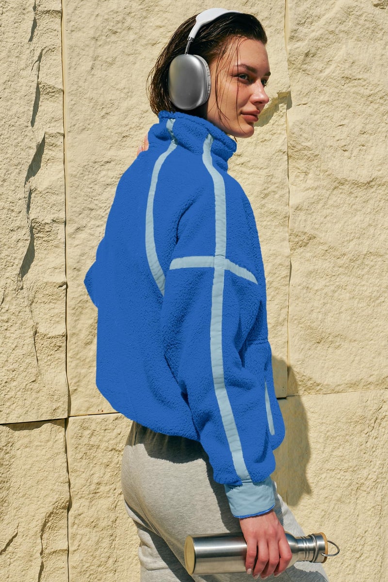 Panadila Womens Half Zip Sherpa Fleece Pullover Soft Oversized Sweatshirt with Pockets Warm Fuzzy Sweater (Bright Blue,XL) - Image 5