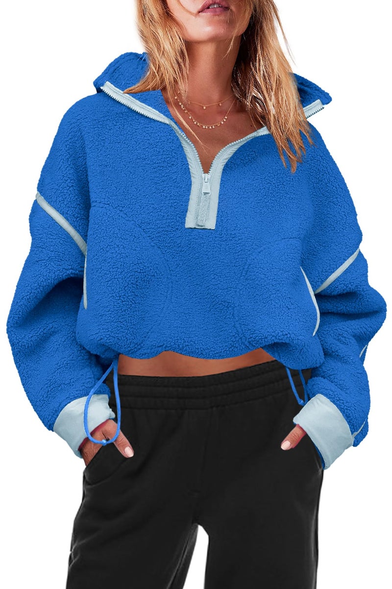 Panadila Womens Half Zip Sherpa Fleece Pullover Soft Oversized Sweatshirt with Pockets Warm Fuzzy Sweater (Bright Blue,XL) - Image 2