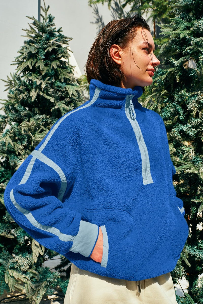 Panadila Womens Half Zip Sherpa Fleece Pullover Soft Oversized Sweatshirt with Pockets Warm Fuzzy Sweater (Bright Blue,XL) - Image 3