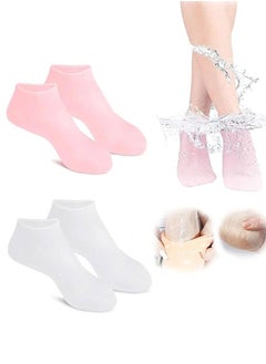 Beauenty 2 Pairs Silicone Socks Set, Gel Foot Skin Care Moisturizing Socks, Women Foot SPA Pedicure Socks, Protective Heel Anti-crack Socks, Waterproof Beach Socks for Remove Calluses Corns Dry or Cracked Foot Skin, Pink and White  - Image 1