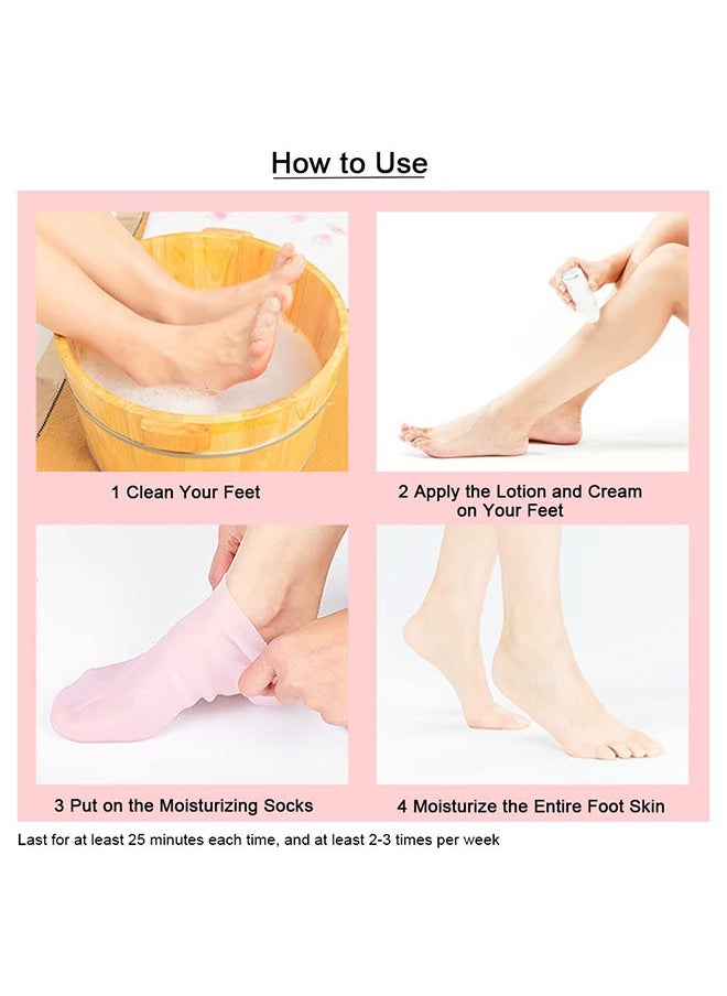 Beauenty 2 Pairs Silicone Socks Set, Gel Foot Skin Care Moisturizing Socks, Women Foot SPA Pedicure Socks, Protective Heel Anti-crack Socks, Waterproof Beach Socks for Remove Calluses Corns Dry or Cracked Foot Skin, Pink and White  - Image 2
