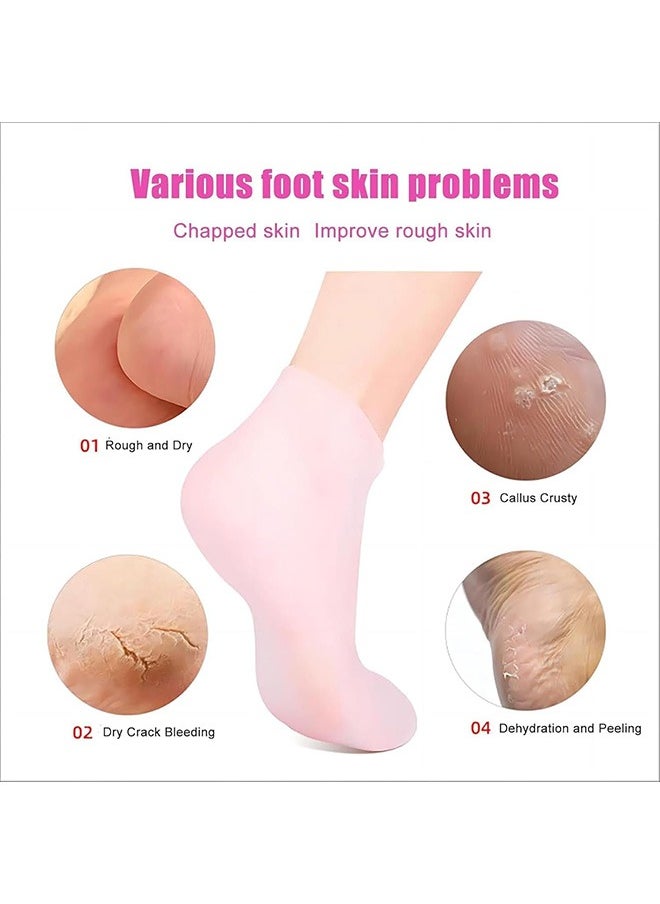 Beauenty 2 Pairs Silicone Socks Set, Gel Foot Skin Care Moisturizing Socks, Women Foot SPA Pedicure Socks, Protective Heel Anti-crack Socks, Waterproof Beach Socks for Remove Calluses Corns Dry or Cracked Foot Skin, Pink and White  - Image 4