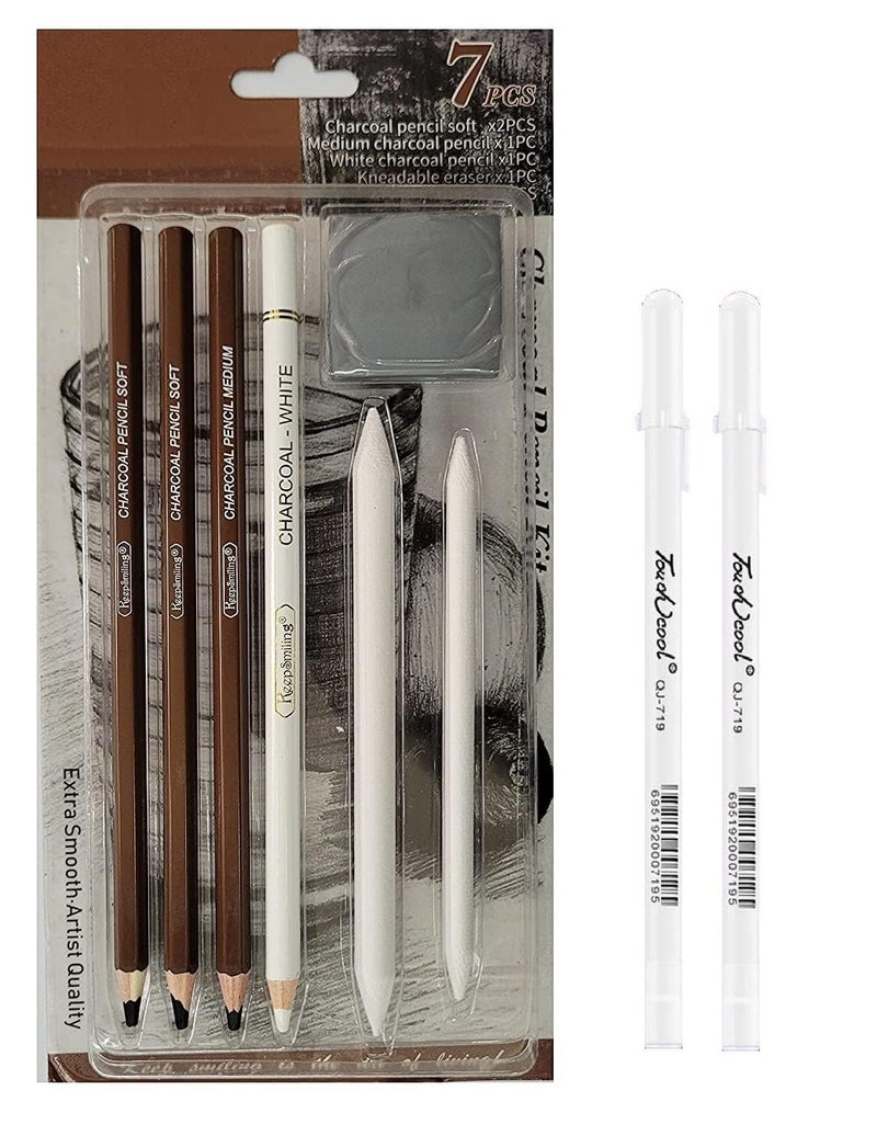 ARROLLIANT Art Black & White Charcoal Pencil Kit with Blending Stumps and Kneadable Eraser for Artists Students (Sketching Kit with 2 White Highlighter Gel Pen) - Image 1