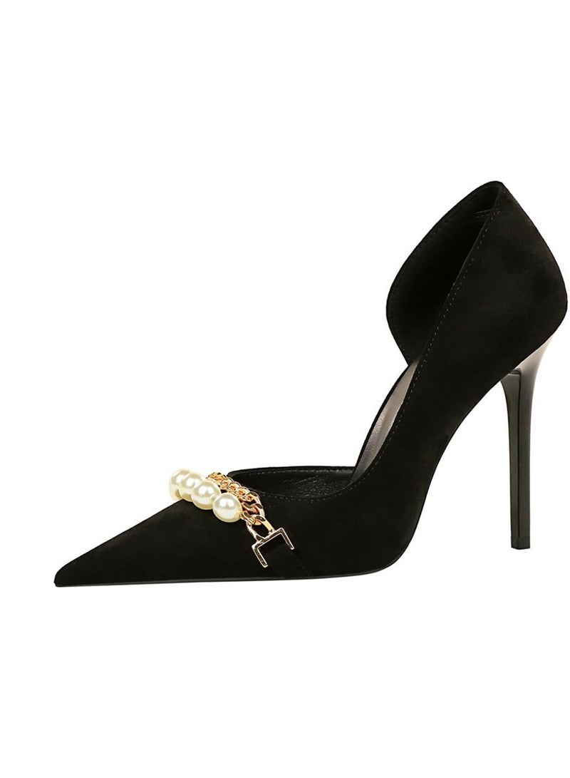 BIGTREE حذاء بكعب عالٍ مزين بسلسلة معدنية من اللؤلؤ المدبب 11 سم، أسود - Image 2