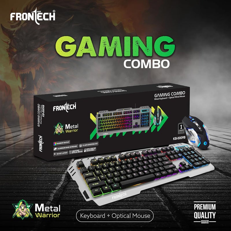 FRONTECH Metal Warrior Gaming Combo | Rainbow Backlit Aluminium Keyboard with 19 Anti-Ghosting Keys | 7200 DPI Adjustable Optical Mouse | Ergonomic Design | 1-Year Warranty (KB-0009B) - Image 2