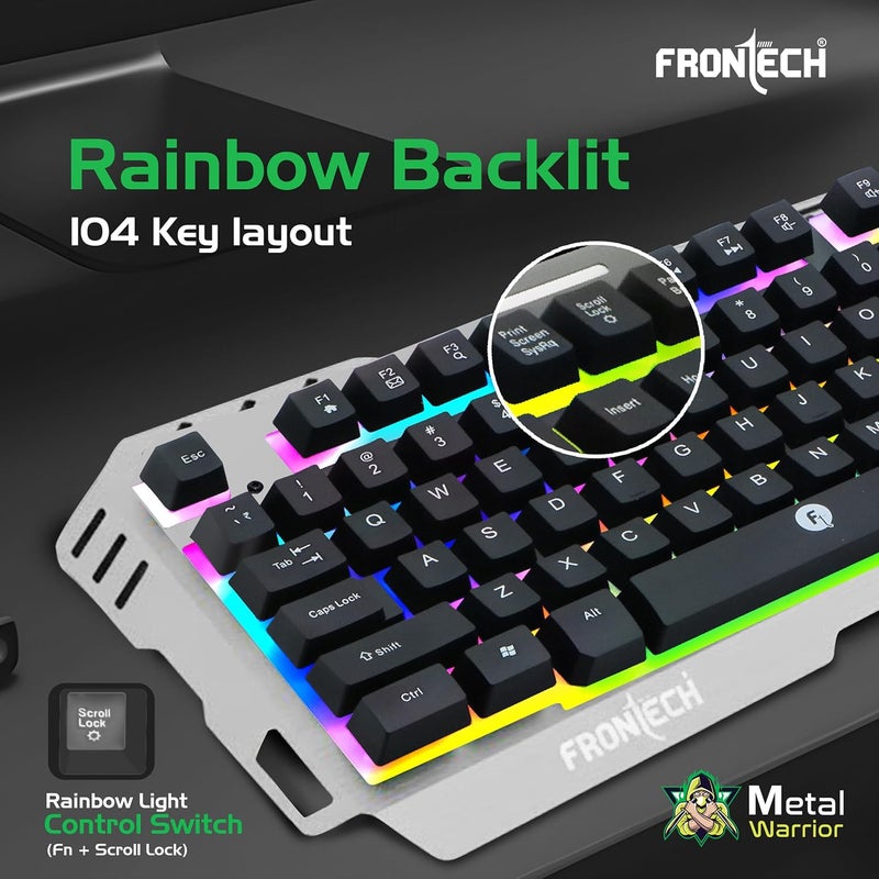 FRONTECH Metal Warrior Gaming Combo | Rainbow Backlit Aluminium Keyboard with 19 Anti-Ghosting Keys | 7200 DPI Adjustable Optical Mouse | Ergonomic Design | 1-Year Warranty (KB-0009B) - Image 3