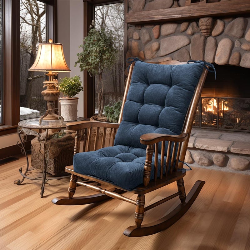 Lokex Rocking Chair Cushion Only,Tufted Non-Slip Comfortable Rocking Chair Cushions Indoor with Ties,Striped Rocking Chair Pads (Indigo blue-S2064-16, 21x17/17x17) - Image 1