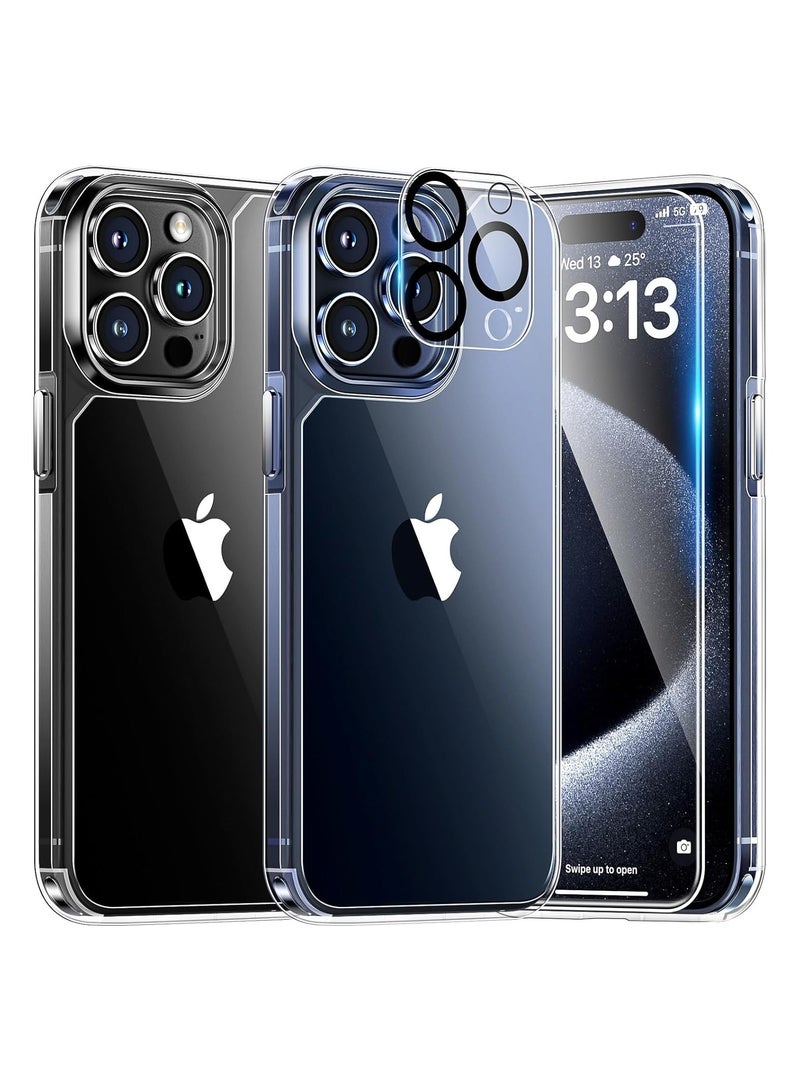 إلترازون iPhone 15 Pro Max Case, [5 in 1] 1X Clear Case [Not-Yellowing] with 2X Tempered Glass Screen Protector + 2X Camera Lens Protector, [Militarized Drop Defense] Slim Phone Case 6.7 inch, Clear - Image 1