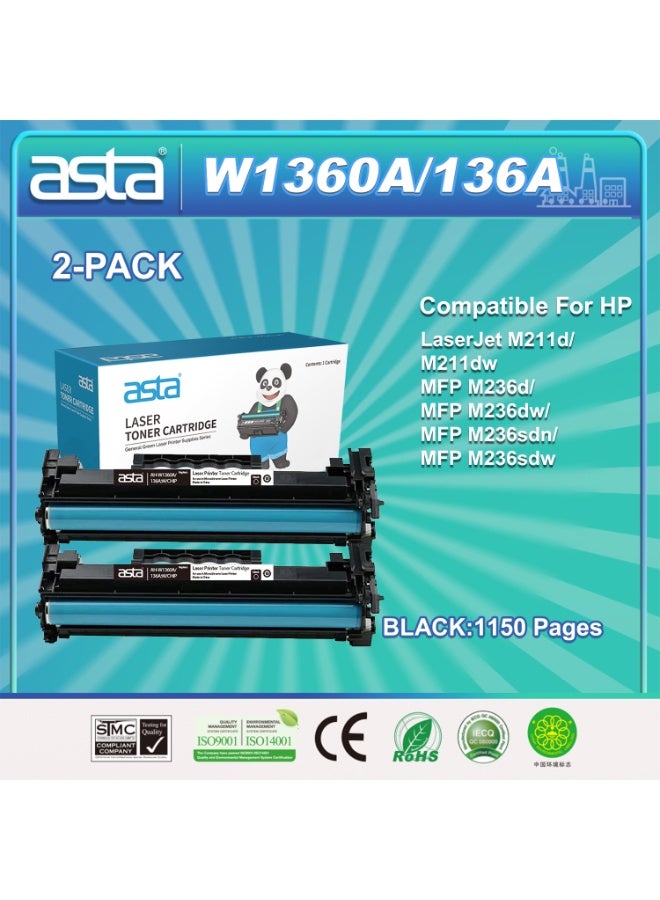 استا عبوة من 2 خرطوشة حبر أسود ASTA W1360A 136A مع شريحة متوافقة مع طابعة HP LaserJet M211D M211Dw MFP M236D M236Dw M236Sdn M236Sdw سهلة التركيب طباعة عالية الجودة بأسعار معقولة - Image 1