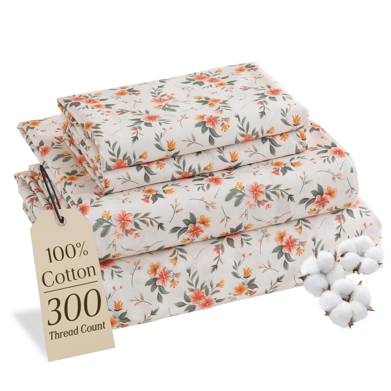 M&Co MCO 100% Cotton Sheet Set Floral Printed, 300 Thread Count Cotton Queen Sheet Set, 16" Deep Pocket, Breathable Cooling Sheets 4 Pieces (Queen, Yellow Floral) - Image 1