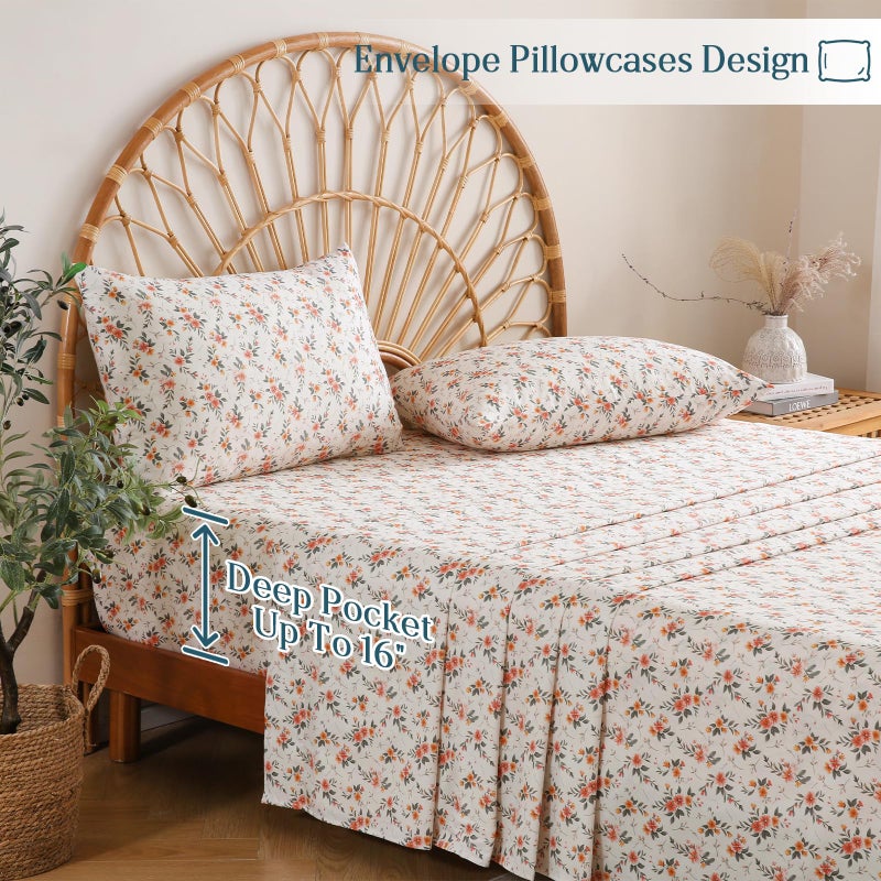 M&Co MCO 100% Cotton Sheet Set Floral Printed, 300 Thread Count Cotton Queen Sheet Set, 16" Deep Pocket, Breathable Cooling Sheets 4 Pieces (Queen, Yellow Floral) - Image 4