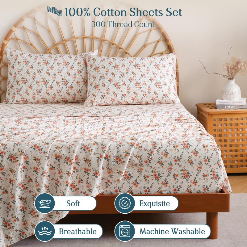 M&Co MCO 100% Cotton Sheet Set Floral Printed, 300 Thread Count Cotton Queen Sheet Set, 16" Deep Pocket, Breathable Cooling Sheets 4 Pieces (Queen, Yellow Floral) - Image 3