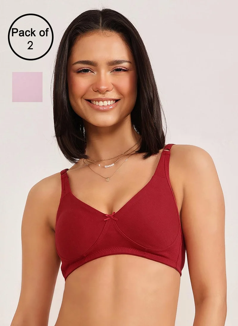 كلوفيا Clovia Pack of 2 Non-Padded Non-Wired Full Coverage Bra with Double Layered Cups In Maroon || Light Pink - Cotton Rich