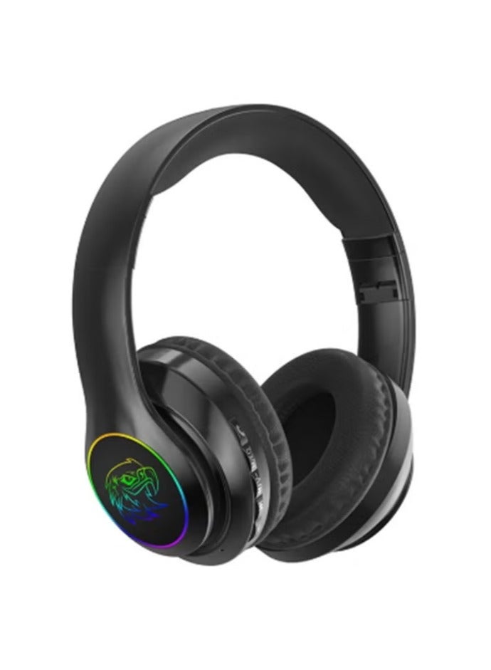 HiFi Stereo Sound Wireless Headset with RGB Lights – Over-Ear Bluetooth Headphones with Mic, Deep Bass, Noise Isolation, Foldable Design – Gaming & Music Compatible (Black)