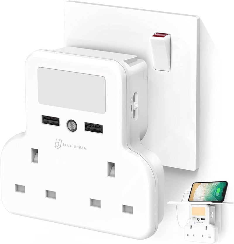 BLUE OCEAN Extension Plug, Double Plug Adaptor with 2 USB Charging ports, Multi Plug Socket Extensions, Plug Adapter, Wall Socket Plugs with Shelf & Adjustable Night Light for Home Office Kitchen - Image 1