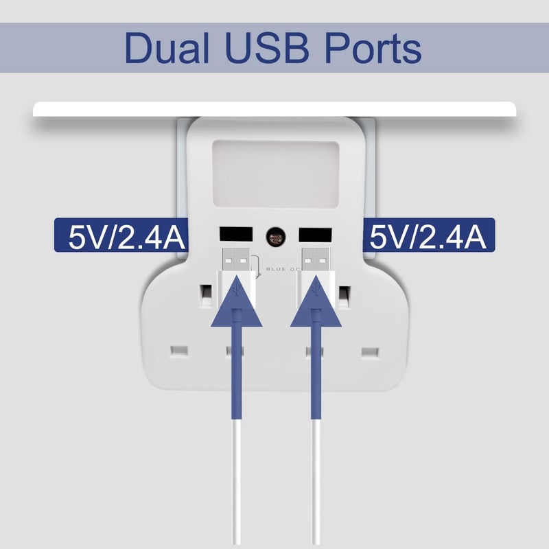 BLUE OCEAN Extension Plug, Double Plug Adaptor with 2 USB Charging ports, Multi Plug Socket Extensions, Plug Adapter, Wall Socket Plugs with Shelf & Adjustable Night Light for Home Office Kitchen - Image 3