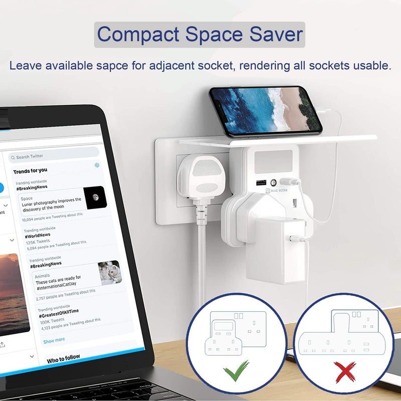 BLUE OCEAN Extension Plug, Double Plug Adaptor with 2 USB Charging ports, Multi Plug Socket Extensions, Plug Adapter, Wall Socket Plugs with Shelf & Adjustable Night Light for Home Office Kitchen - Image 2