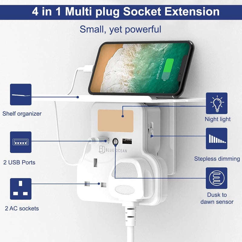 BLUE OCEAN Extension Plug, Double Plug Adaptor with 2 USB Charging ports, Multi Plug Socket Extensions, Plug Adapter, Wall Socket Plugs with Shelf & Adjustable Night Light for Home Office Kitchen - Image 4