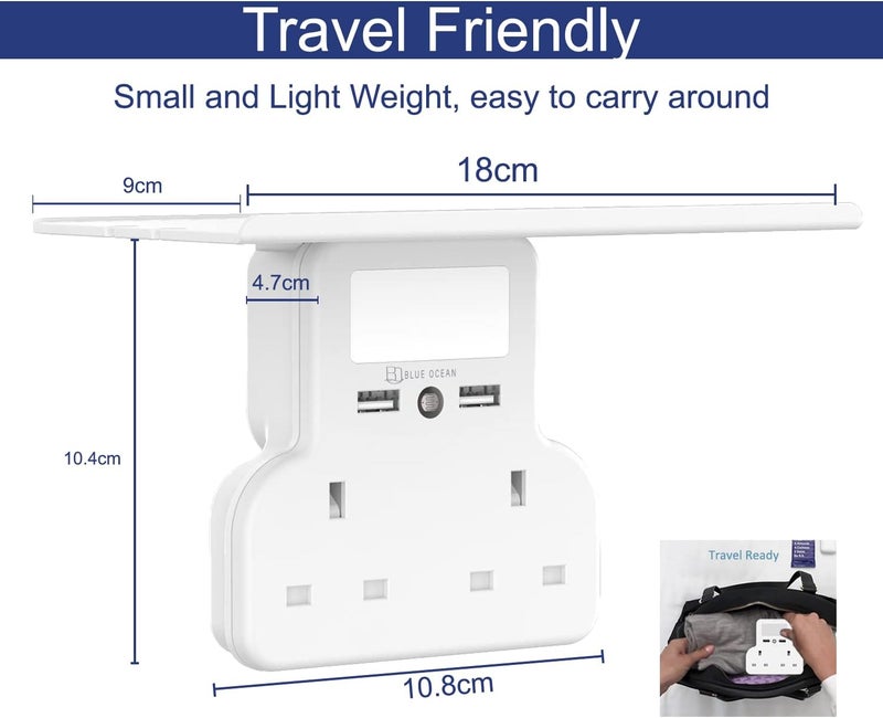 BLUE OCEAN Extension Plug, Double Plug Adaptor with 2 USB Charging ports, Multi Plug Socket Extensions, Plug Adapter, Wall Socket Plugs with Shelf & Adjustable Night Light for Home Office Kitchen - Image 5