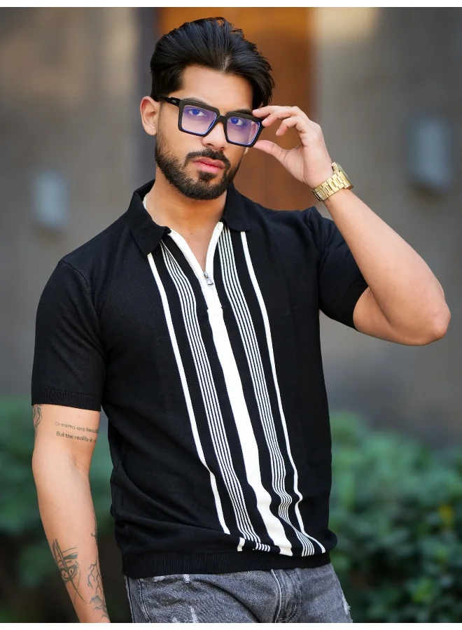 Maniac Maniac Mens OldMoney Strip Texture Polo Neck Half Sleeve Black Cotton Tshirt