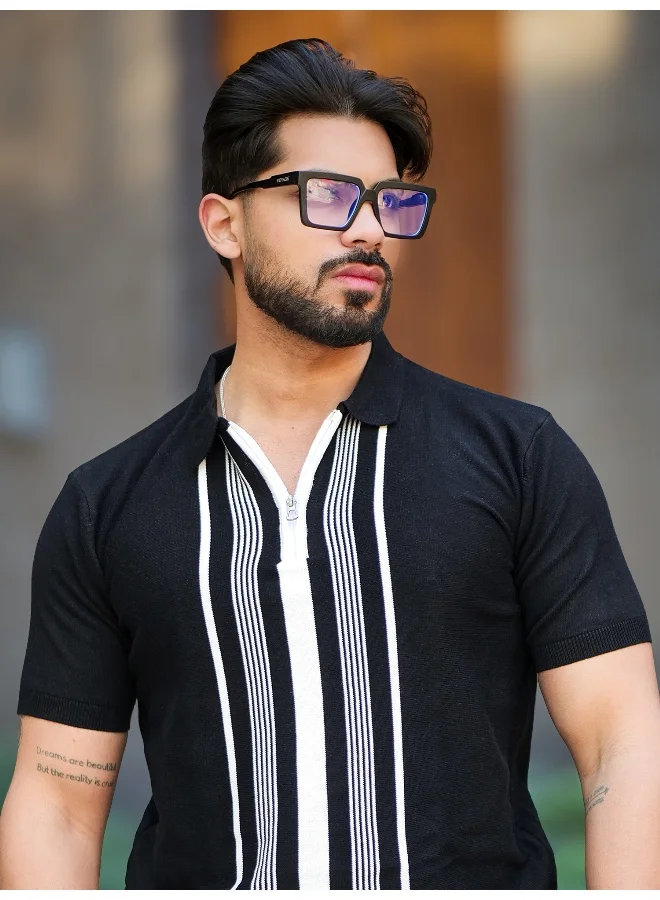 Maniac Maniac Mens OldMoney Strip Texture Polo Neck Half Sleeve Black Cotton Tshirt