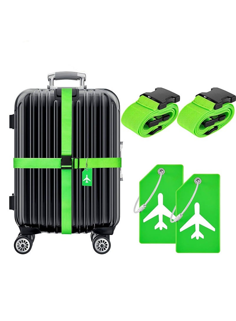 4 Piece Luggage Straps Suitcase Tags Set for TSA Approved, 2 Travel Adjustable Suitcase Belt, 2 Silicone Luggage Tags with Name ID Card Travel Accessories,Green - Image 1