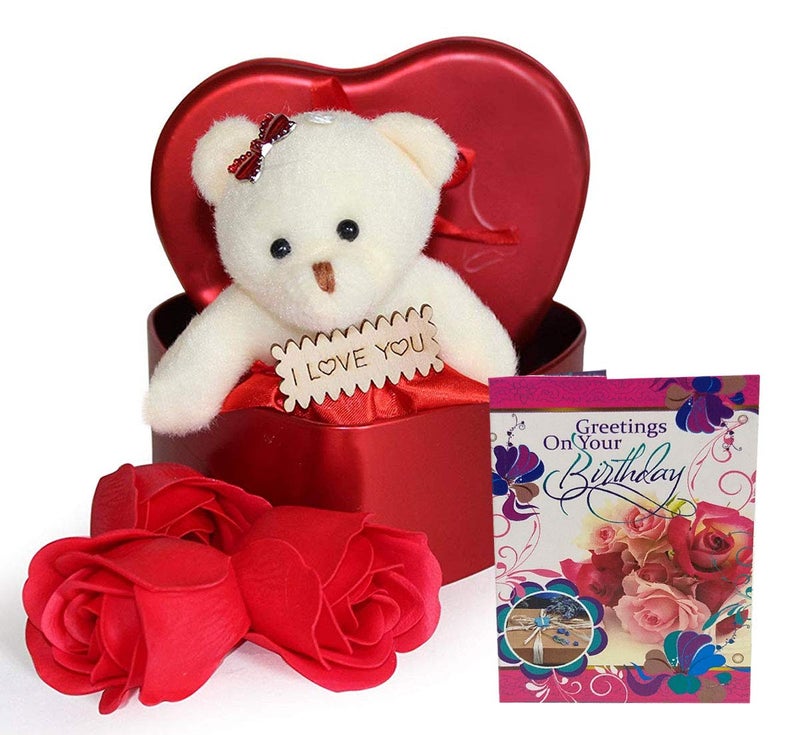 Saugat Traders Birthday Gift for Girlfriend-Wife-Heart Shape Box of 3 Rose with Soft Toy & Small Greeting Card - Image 1