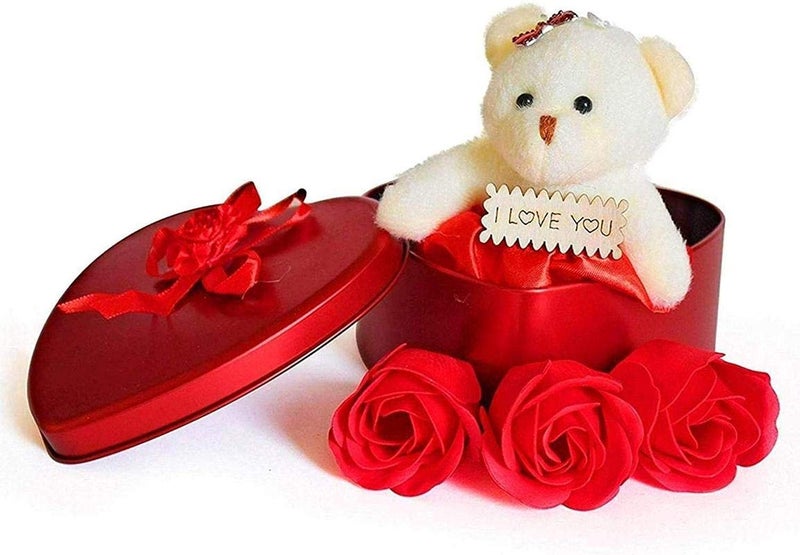 Saugat Traders Birthday Gift for Girlfriend-Wife-Heart Shape Box of 3 Rose with Soft Toy & Small Greeting Card - Image 4