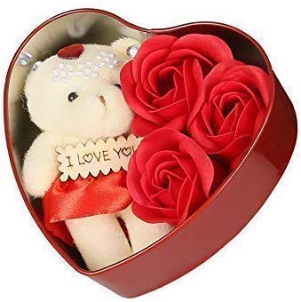 Saugat Traders Birthday Gift for Girlfriend-Wife-Heart Shape Box of 3 Rose with Soft Toy & Small Greeting Card - Image 5