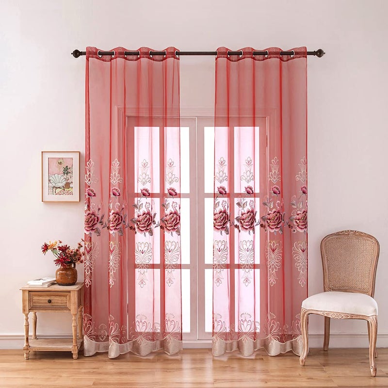 ELKCA Luxury Burgundy Red Floral Sheer Curtains for Bedroom Floral Embroidered Curtains for BedroomGrommet Top52 W x 96 L2 Panels