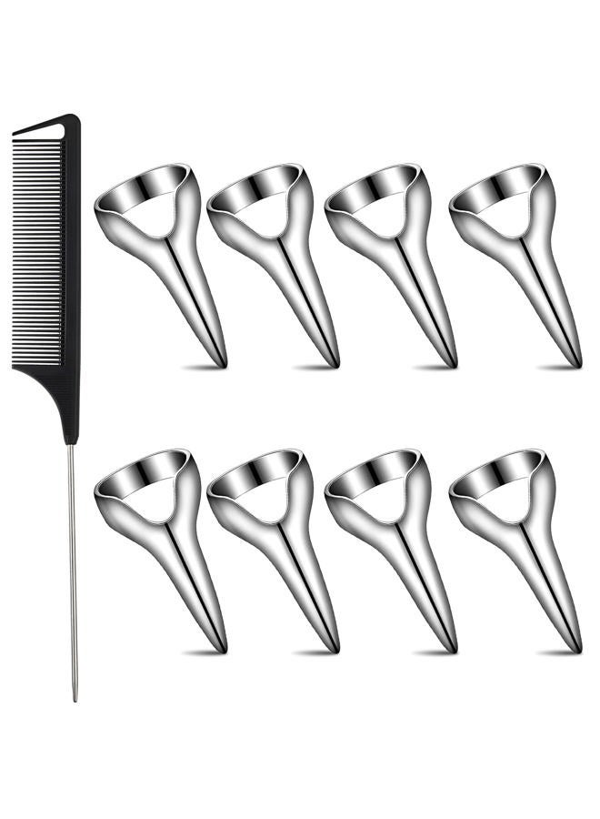 Zopeal 9 Pieces Metal Hair Parting Rings and pinky Selecting Tools Retro Nail Finger with Steel Comb Pointed Styling Combs for Hair stitch Braiding Curling Extension Halloween Cosplay(Silver) - Image 1