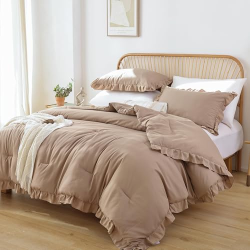 JANZAA Queen Ruffled Comforter Set 3PCS (1 Taupe Comforter Set and 2 Pillowcases) Vintage Farmhouse Shabby Chic Bedding Soft Fluffy Bed Set All Season - Image 2