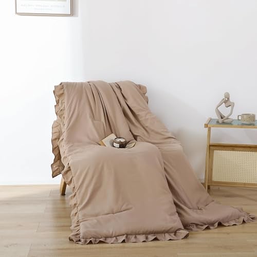 JANZAA Queen Ruffled Comforter Set 3PCS (1 Taupe Comforter Set and 2 Pillowcases) Vintage Farmhouse Shabby Chic Bedding Soft Fluffy Bed Set All Season - Image 5