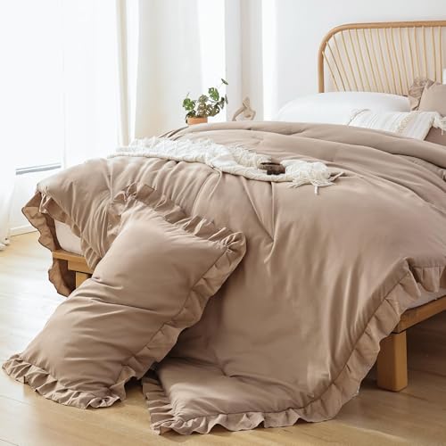 JANZAA Queen Ruffled Comforter Set 3PCS (1 Taupe Comforter Set and 2 Pillowcases) Vintage Farmhouse Shabby Chic Bedding Soft Fluffy Bed Set All Season - Image 4