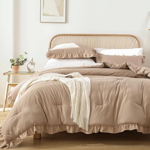 JANZAA Queen Ruffled Comforter Set 3PCS (1 Taupe Comforter Set and 2 Pillowcases) Vintage Farmhouse Shabby Chic Bedding Soft Fluffy Bed Set All Season - Image 1