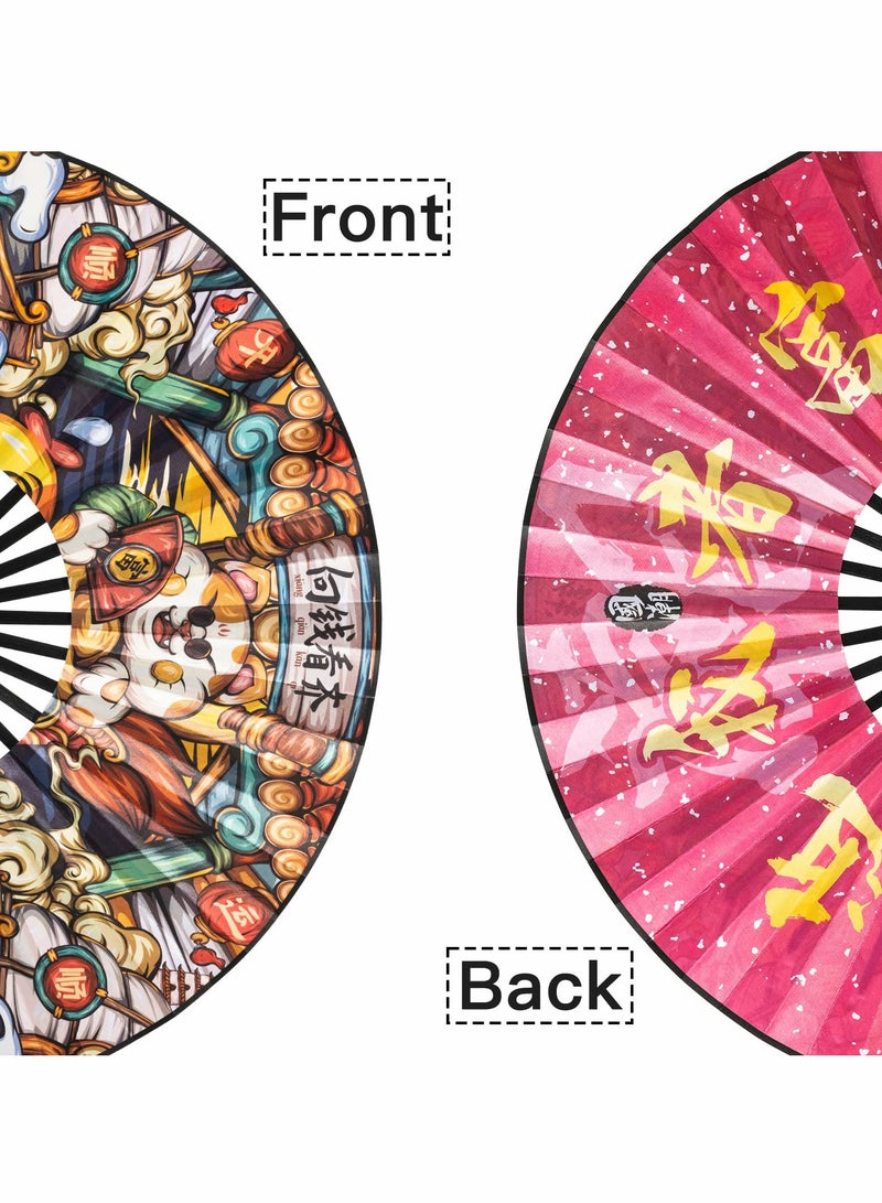 SYOSI 13" Large Folding Hand Rave Fan for Women/Men, Chinese Kung Fu Tai Chi Bamboo and Nylon-Cloth Foldable Held Fan with Fan Bracket for Party,Drag Queen,Decorations and Festival Gifts (Lucky Cat)  - Image 3