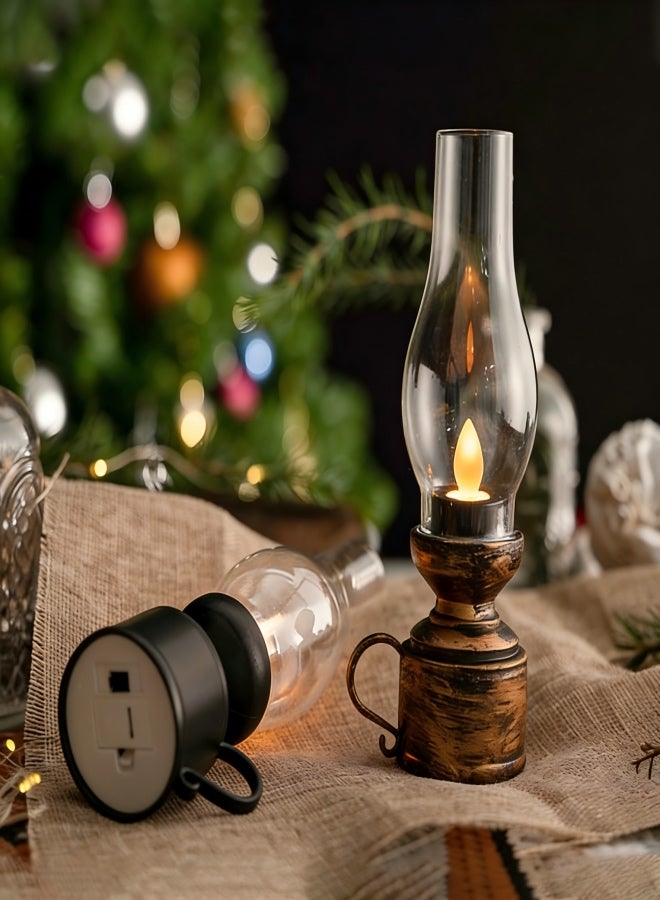 Kerosene Lamp Vintage Flameless Table Lamp Led Kerosene Lantern Clear Hurricane Lamp Battery Operated Nightstand for Bedroom Living Room Black - Image 1