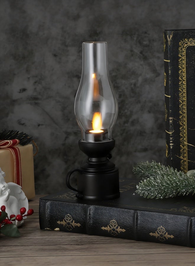Kerosene Lamp Vintage Flameless Table Lamp Led Kerosene Lantern Clear Hurricane Lamp Battery Operated Nightstand for Bedroom Living Room Black - Image 5