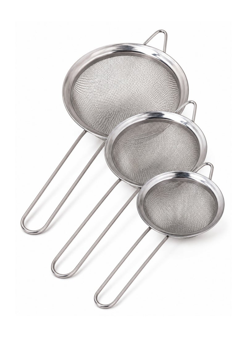 vexa pro Stainless Steel Fine Mesh Strainer Set 3 Pieces Kitchen Sieve Tea Flour Juice Oil Filter Strainers - Image 1
