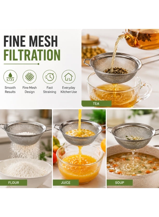 vexa pro Stainless Steel Fine Mesh Strainer Set 3 Pieces Kitchen Sieve Tea Flour Juice Oil Filter Strainers - Image 2