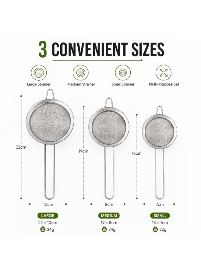 vexa pro Stainless Steel Fine Mesh Strainer Set 3 Pieces Kitchen Sieve Tea Flour Juice Oil Filter Strainers - Image 3