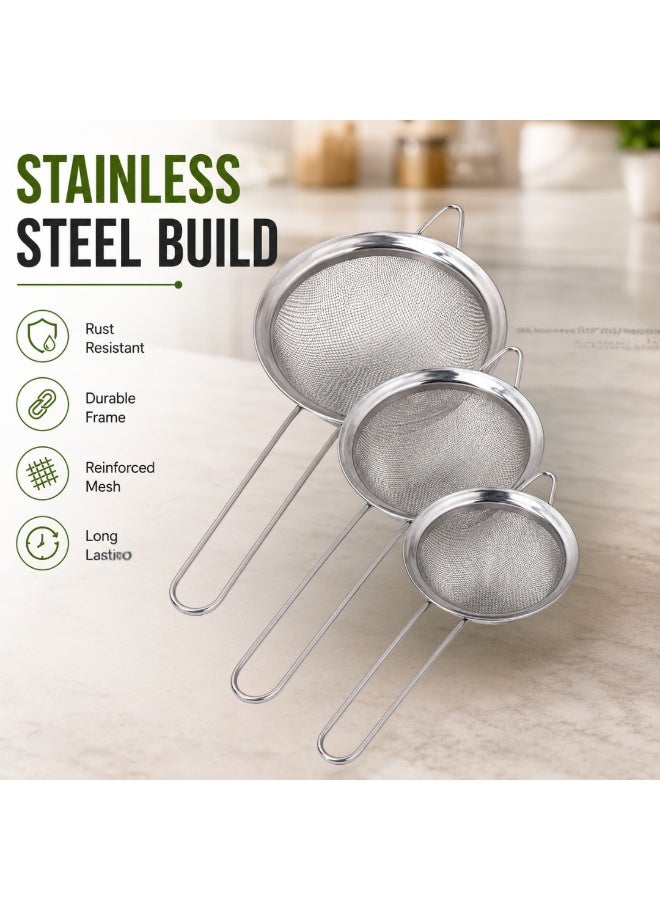 vexa pro Stainless Steel Fine Mesh Strainer Set 3 Pieces Kitchen Sieve Tea Flour Juice Oil Filter Strainers - Image 4
